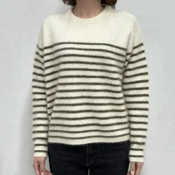 Femme CT PLAGE Mailles-C.T.plage x Merci - Pull Rayé - Blanc/Olive