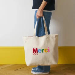 Femme V01 Tote Bags Merci-Merci - Tote Bag en coton Bouclette - Ecru & Multicolore