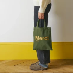 Femme V01 Tote Bags Merci-Merci - Tote Bag en coton - Kaki & Doré