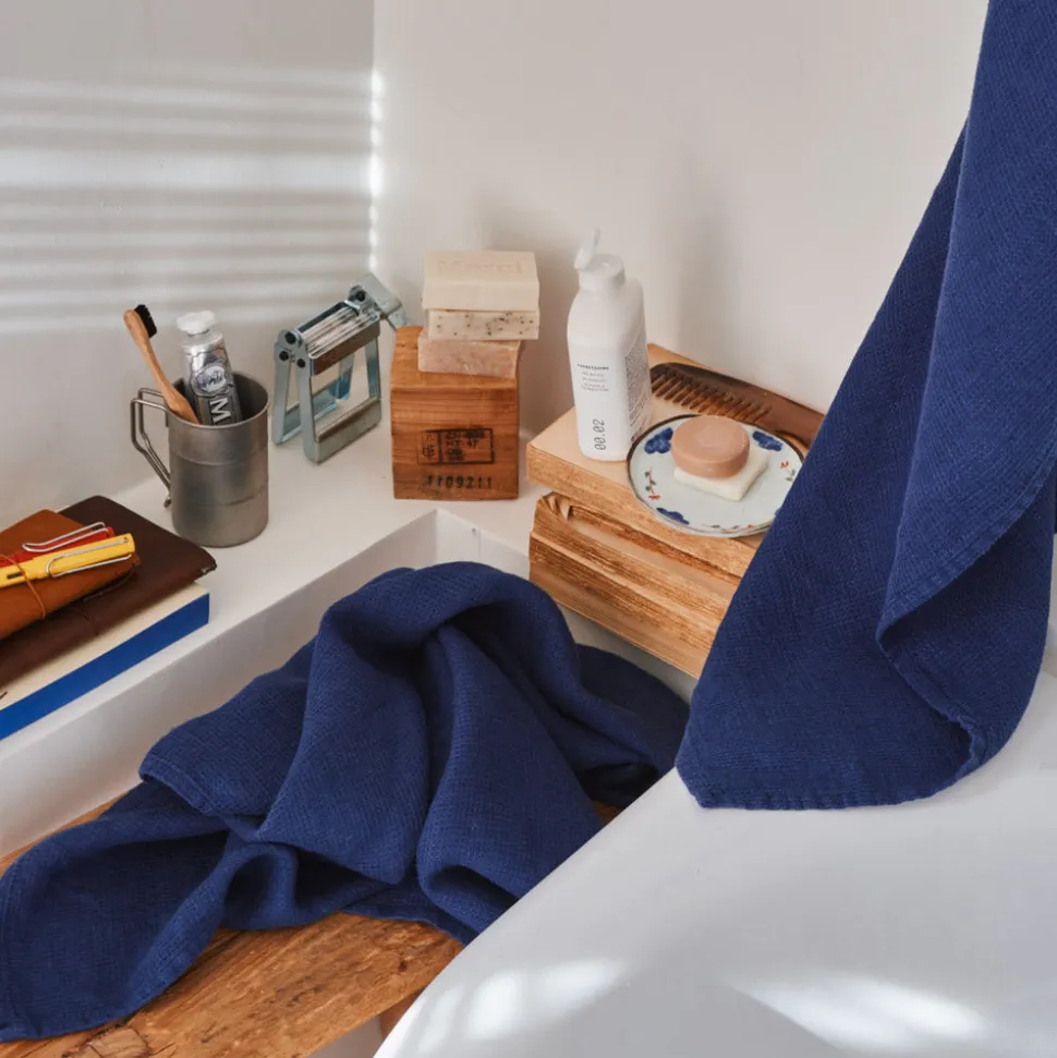 200 LINTEX Salle De Bain : Esprit Japonais|Serviettes De Table-Serviette de bain en lin - Nid d'abeille - Bleu Shibori