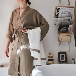 200 LINTEX Maison De Campagne|Serviettes De Table-Serviette de bain en lin - Nid d'abeille - Bande Brun Cha Iro