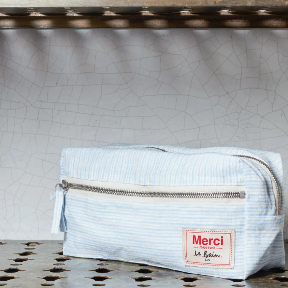 200 LINTEX Trousses De Toilette|Accessoires De Beauté-Trousse de toilette en lin lavé - Rayures Chemise Bleu Tyrrhénien